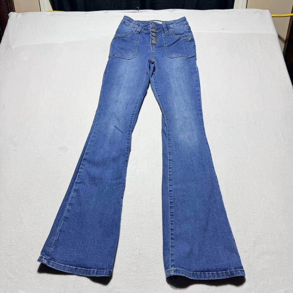 MI high-rise FLARE DENIM CO. jeans blue denim button fly